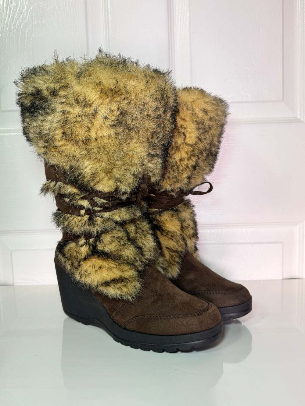 Soda Women's Brown Faux Fur Wedge Mid Calf Boots Size 7.5 Buckle Strap